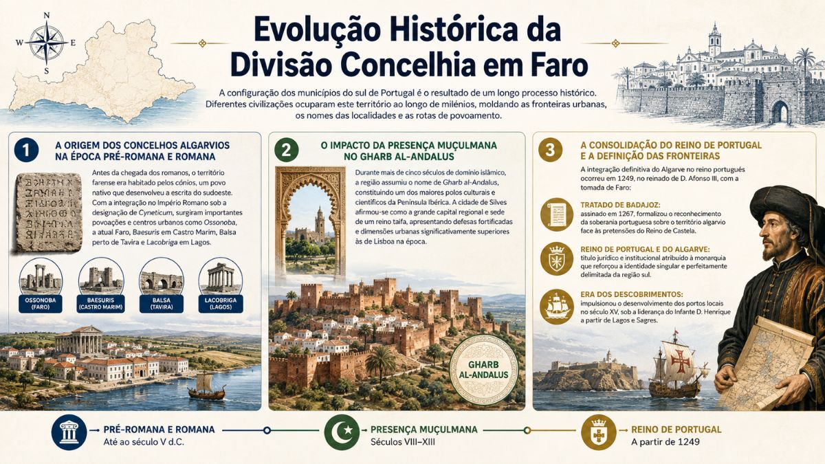 Infográfico histórico sobre a formação dos concelhos do distrito de Faro, destacando o período pré-romano, o domínio muçulmano no Gharb al-Andalus e a consolidação do reino de Portugal.