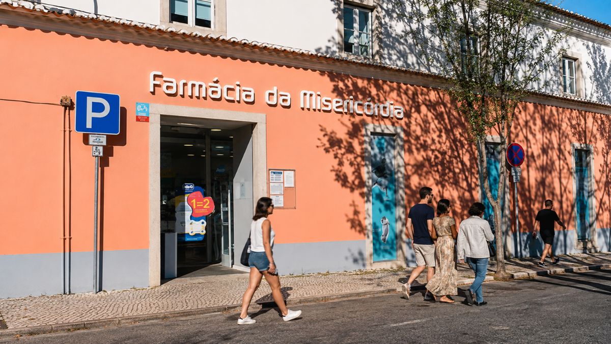 Fachada principal da Farmácia da Misericórdia em Arruda dos Vinhos com parede alaranjada, placa de estacionamento e pedestres caminhando no passeio.