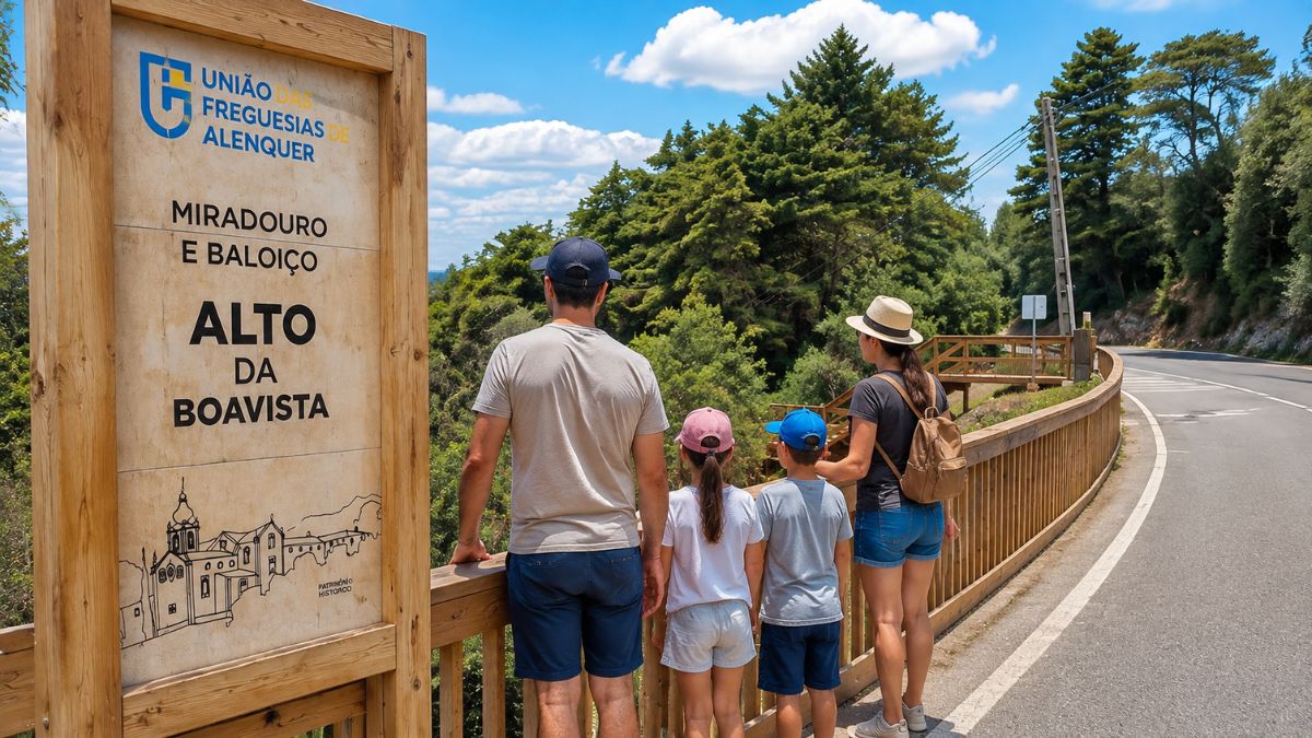 Uma família de quatro pessoas, vista de costas, aprecia a vista panorâmica num miradouro com passadiço de madeira ao lado de uma placa informativa que diz "Miradouro e Baloiço Alto da Boavista", com floresta e estrada ao fundo.