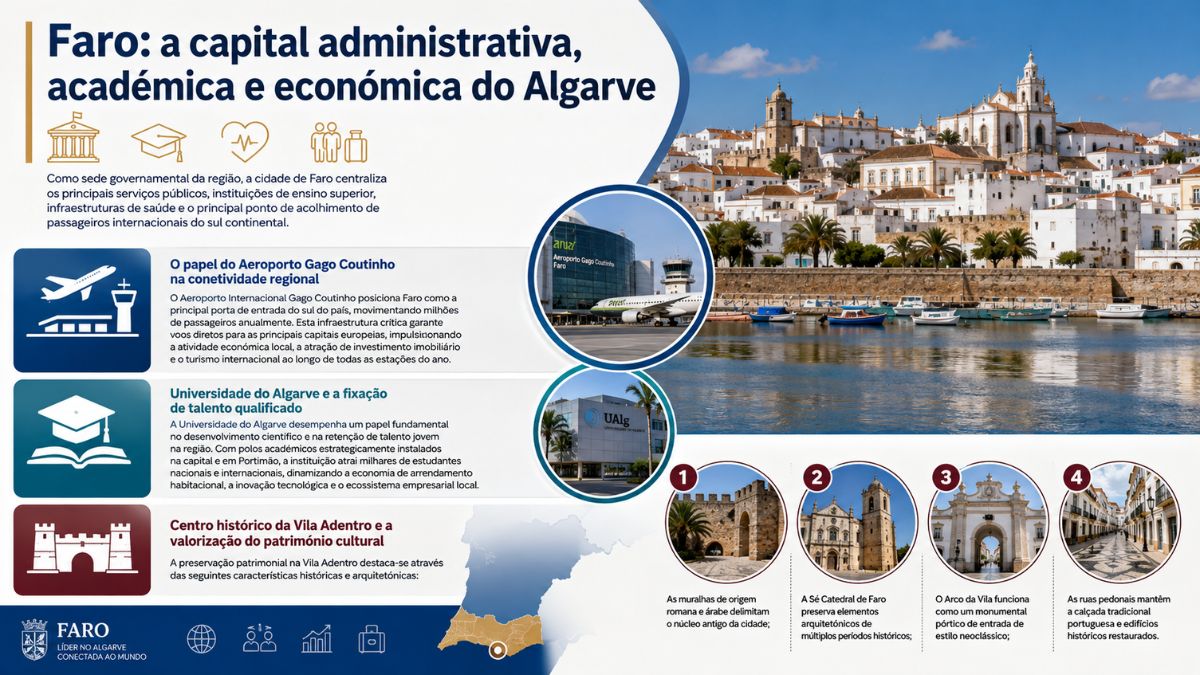 Infográfico detalhado sobre Faro, a capital administrativa do Algarve, mostrando o centro histórico da cidade, o Aeroporto Gago Coutinho, a Universidade do Algarve e a Vila Adentro.