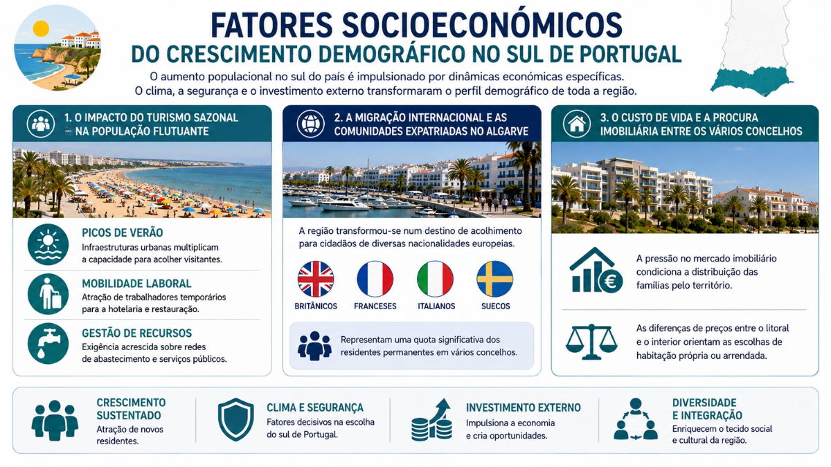 Um infográfico detalhado sobre os fatores socioeconómicos que impulsionam o crescimento demográfico no sul de Portugal e na região do Algarve. O gráfico apresenta três secções principais numeradas. A primeira secção analisa o impacto do turismo sazonal na população flutuante mostrando uma foto de praia e ícones para picos de verão mobilidade laboral e gestão de recursos. A segunda secção foca na migração internacional e comunidades expatriadas exibindo uma imagem de marina com iates e as bandeiras de britânicos franceses italianos e suecos. A terceira secção aborda o custo de vida e procura imobiliária entre concelhos com uma foto de edifícios residenciais modernos e ícones de mercado imobiliário e equilíbrio de preços. A parte inferior do infográfico resume os principais impulsionadores do crescimento sustentado incluindo clima e segurança investimento externo e diversidade e integração.