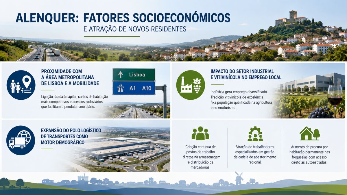Infográfico sobre fatores socioeconómicos de Alenquer destacando a proximidade com Lisboa através das autoestradas A1 e A10, o impacto dos setores industrial e vitivinícola no emprego local e a expansão do polo logístico de transportes.