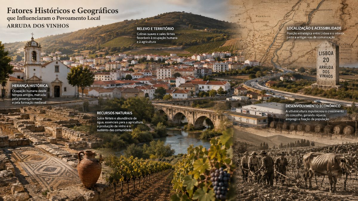 Composição ilustrativa destacando relevo, recursos naturais, herança romana, mapas antigos e desenvolvimento econômico no concelho de Arruda dos Vinhos, Portugal.