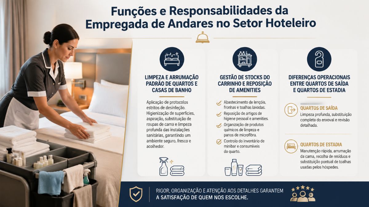 Infográfico explicativo sobre as funções e responsabilidades da empregada de andares no setor hoteleiro, detalhando a limpeza de quartos, gestão de stocks no carrinho e diferenças entre quartos de saída e de estadia.