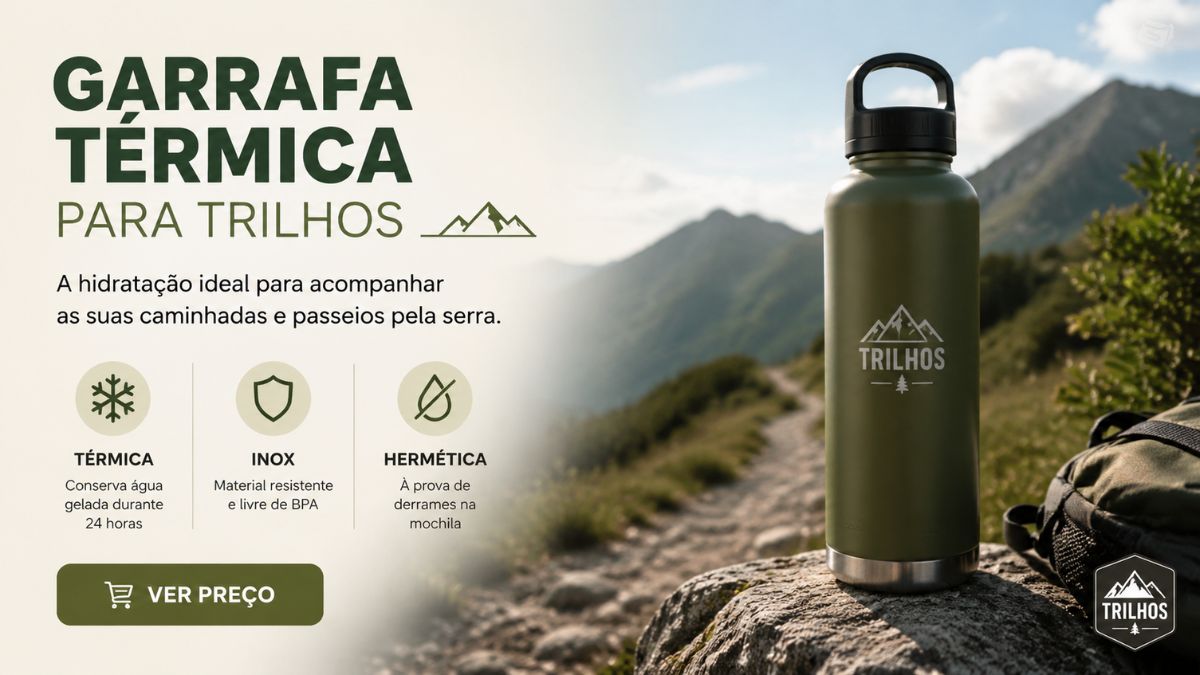 Banner publicitário de garrafa térmica verde de aço inoxidável apoiada numa rocha num trilho de montanha com botão ver preço.