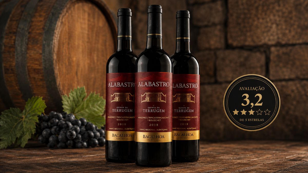 Três garrafas do vinho tinto Alabastro da Quinta da Terrugem alinhadas numa mesa de madeira com selo dourado de avaliação de 3,2 de 5 estrelas à direita, acompanhadas por uvas frescas e barril ao fundo.
