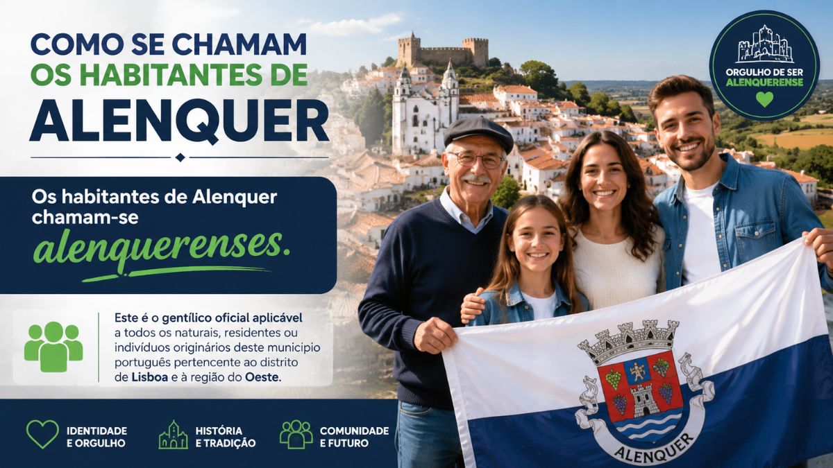 Infográfico explicativo sobre como se chamam os habitantes de Alenquer, mostrando uma família com a bandeira do município e a vila ao fundo.