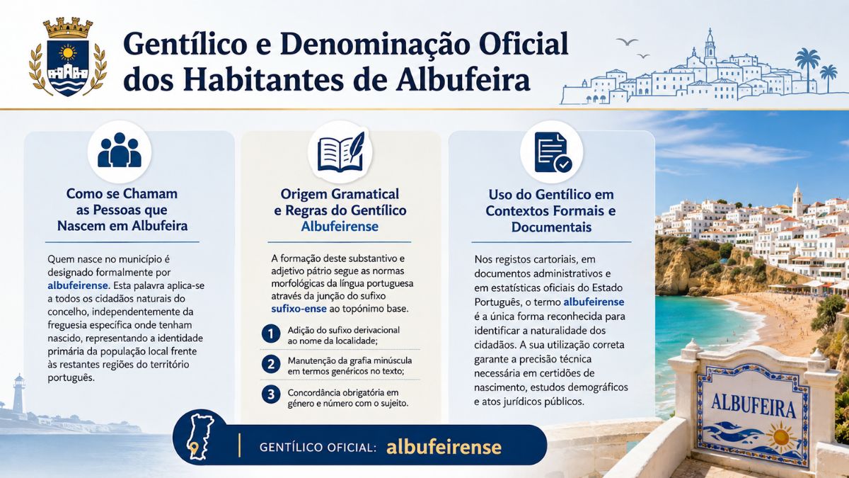 Infográfico sobre o gentílico albufeirense com detalhes gramaticais e documentais ao lado da paisagem costeira de Albufeira no Algarve.