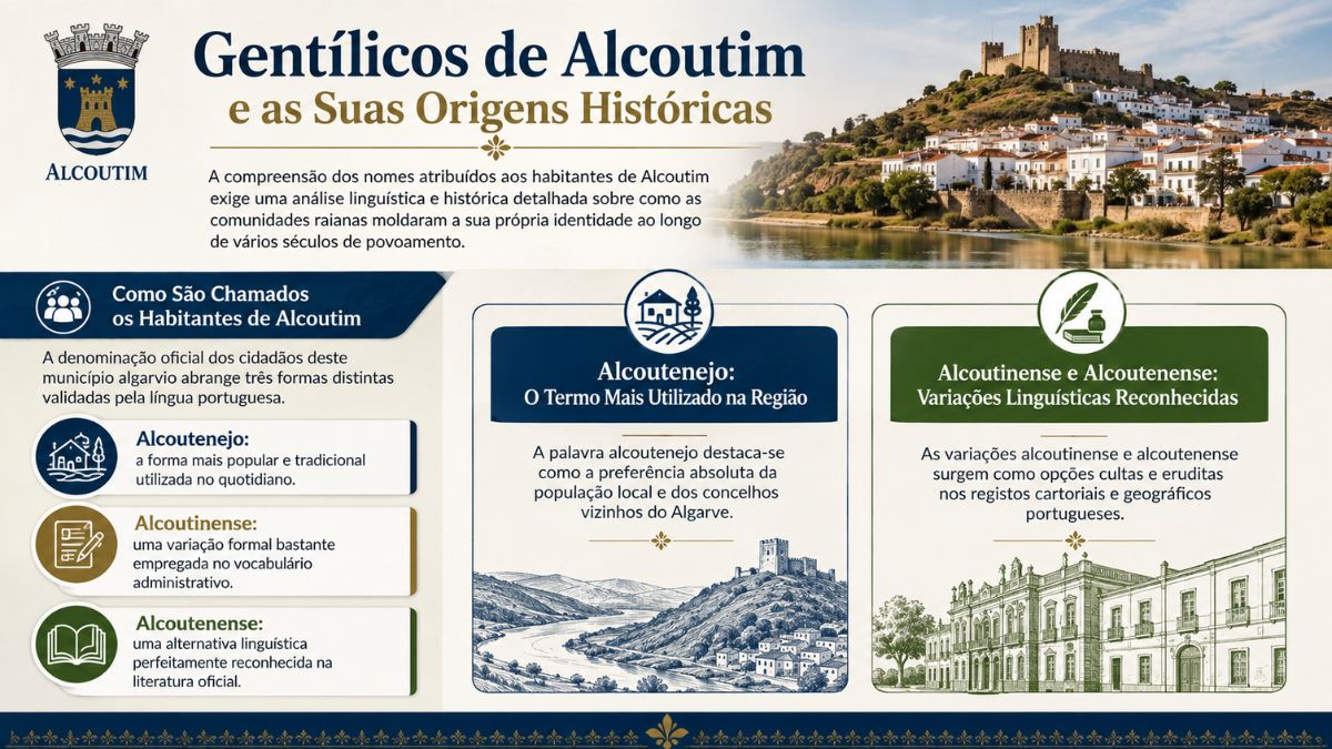 Infográfico explicativo sobre os gentílicos de Alcoutim mostrando o brasão do município, a paisagem do Rio Guadiana e os termos alcoutenejo, alcoutinense e alcoutenense.