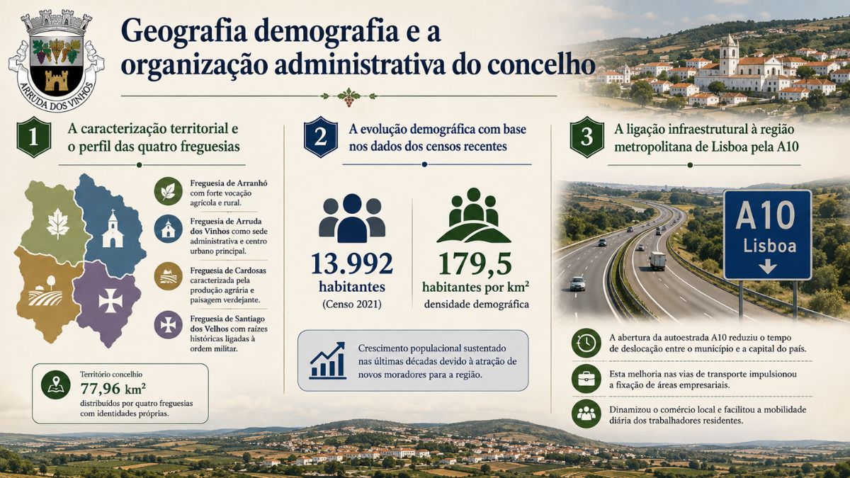 Infográfico informativo sobre a geografia e demografia de Arruda dos Vinhos apresentando o mapa das quatro freguesias, dados populacionais do censo e a autoestrada A10 de ligação a Lisboa.