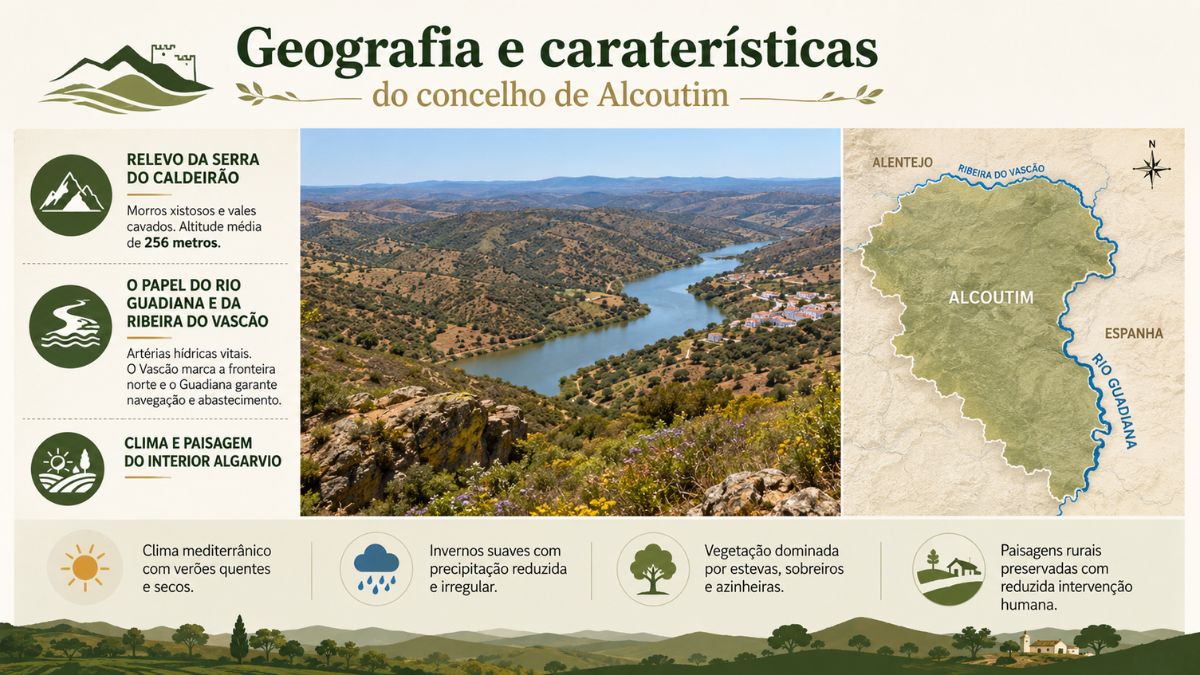 Infográfico sobre a geografia de Alcoutim mostrando relevo da Serra do Caldeirão, rio Guadiana, ribeira do Vascão, mapa e paisagem algarvia.