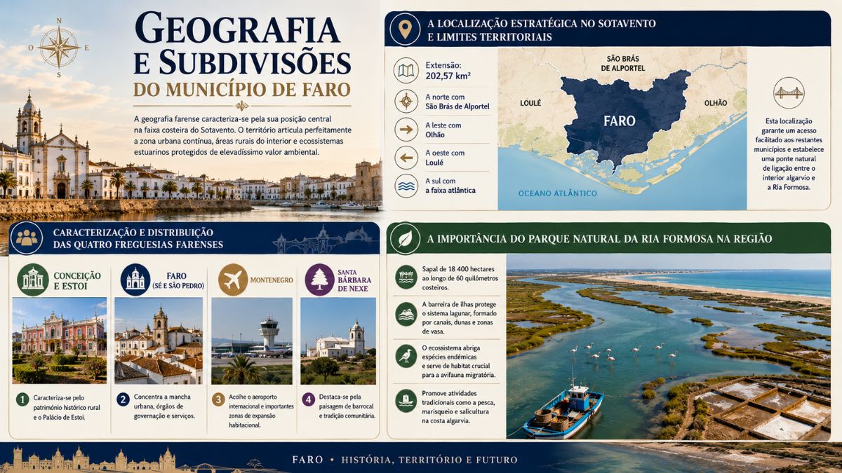 Infográfico explicativo sobre a geografia do município de Faro apresentando limites territoriais, mapa do concelho, as quatro freguesias farenses e o Parque Natural da Ria Formosa.