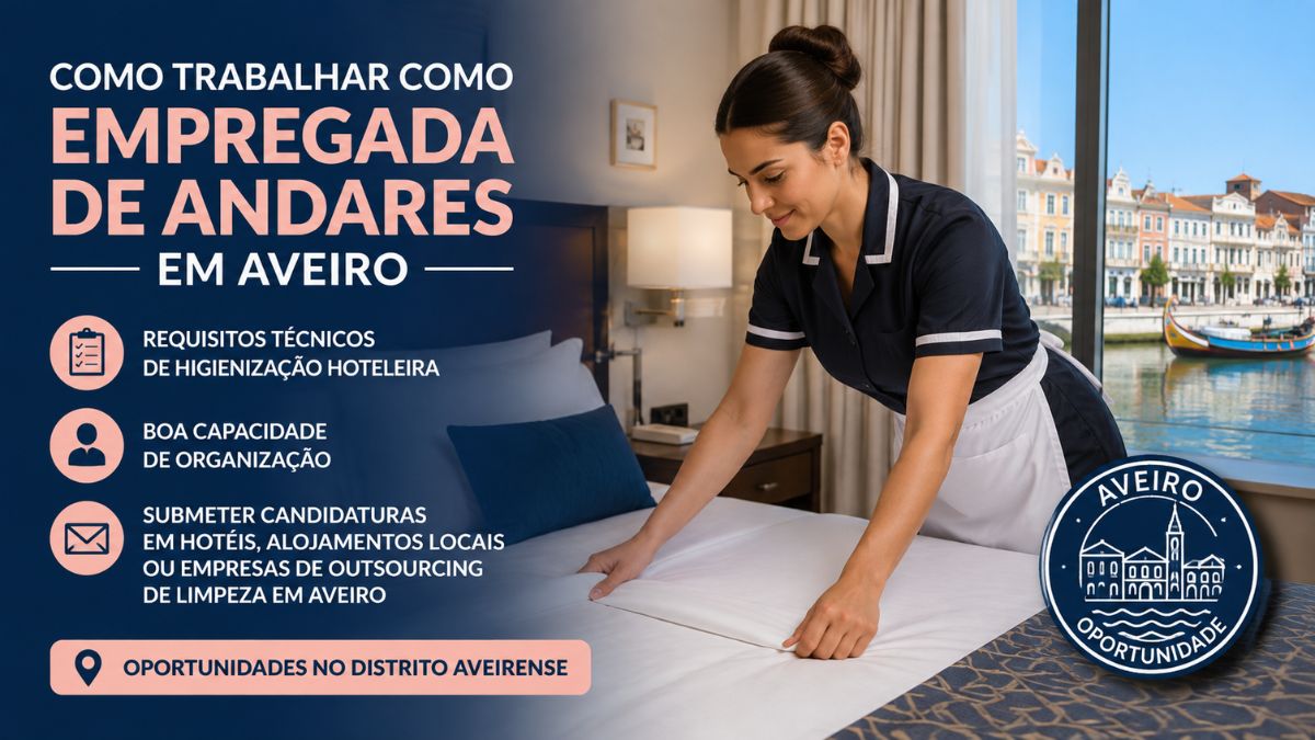 Infográfico sobre como trabalhar como empregada de andares em Aveiro, mostrando uma profissional a arrumar uma cama num quarto de hotel com vista para a ria e os barcos moliceiros. O texto na imagem destaca os requisitos técnicos de higienização hoteleira, a boa capacidade de organização e onde submeter candidaturas.