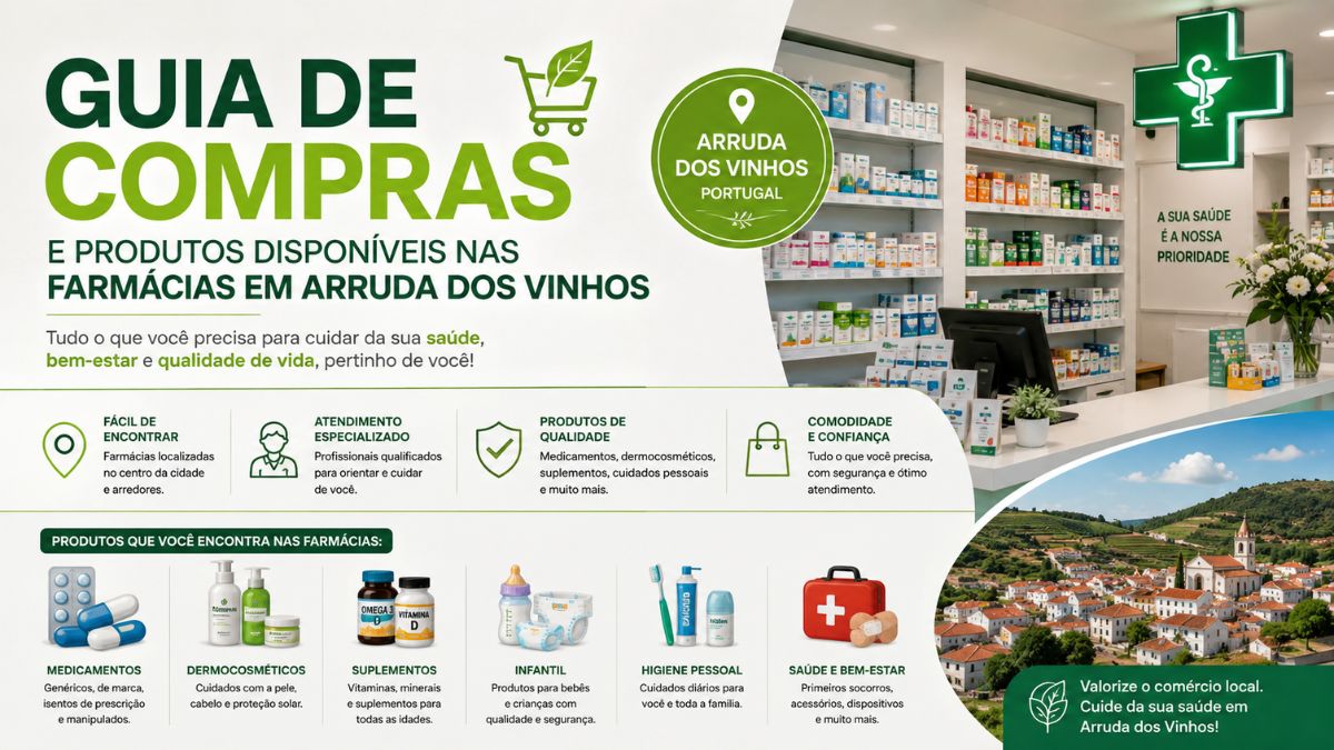 Infográfico promocional com o título Guia de Compras nas Farmácias de Arruda dos Vinhos apresentando categorias de produtos e balcão de atendimento.