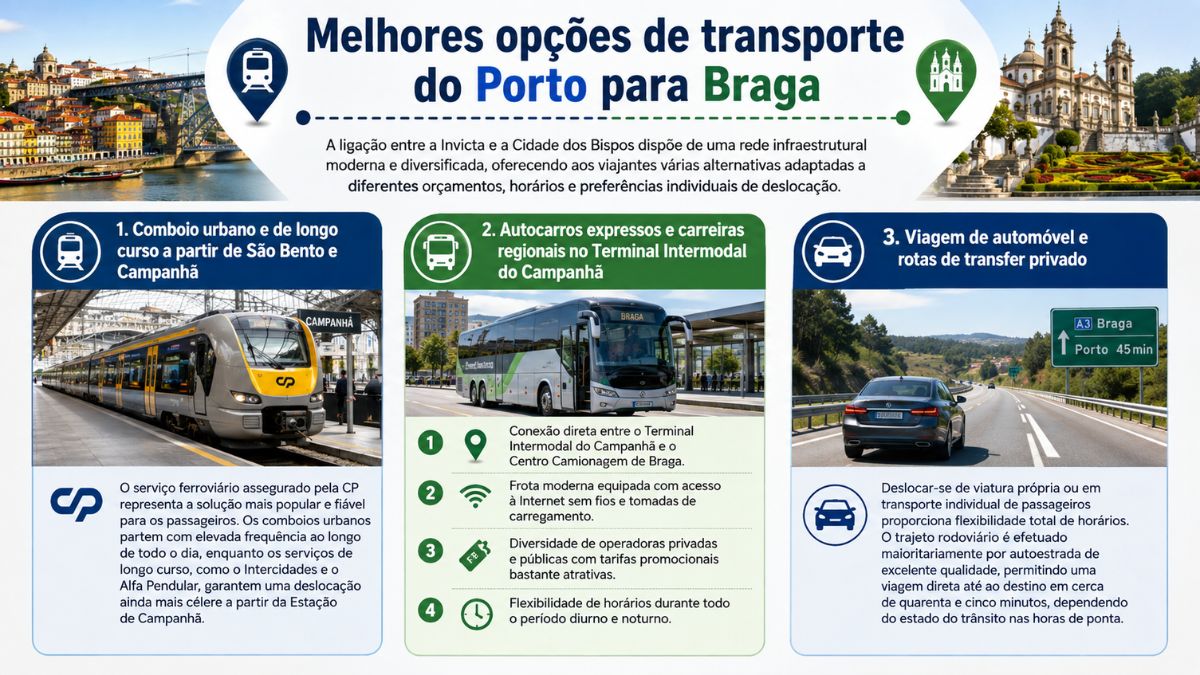 Infográfico intitulado Melhores opções de transporte do Porto para Braga, dividindo a informação em três colunas com imagens e texto sobre as alternativas de comboio da CP, autocarro expresso no Terminal Intermodal do Campanhã e viagem de carro com transfer privado, com monumentos do Porto e de Braga no topo.