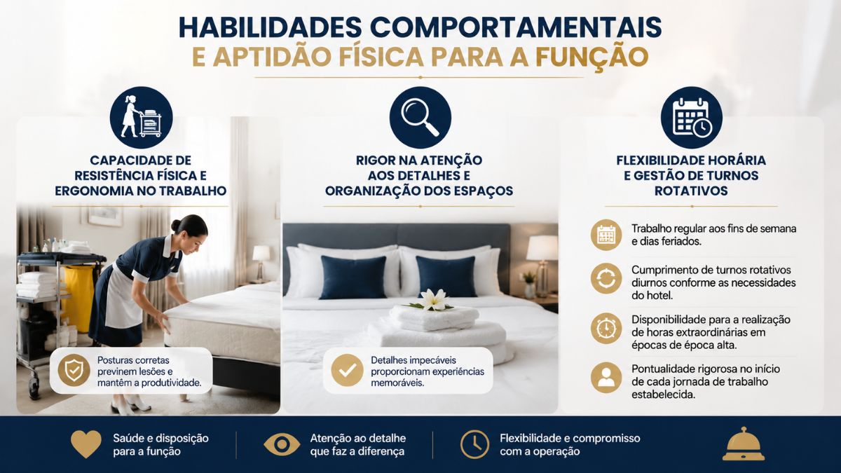 Infográfico sobre habilidades comportamentais e aptidão física para empregada de andares, destacando ergonomia, atenção aos detalhes e flexibilidade de horários.