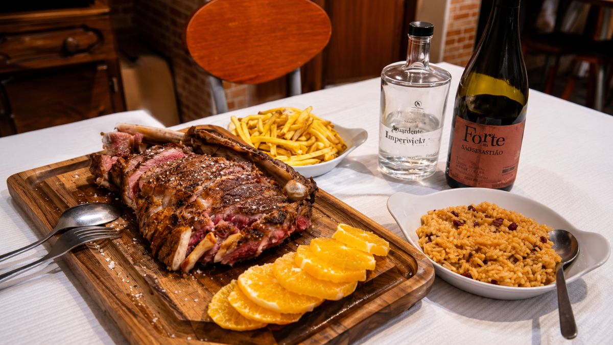 Mesa posta com costeletão fatiado em tábua de madeira, rodelas de laranja, arroz, batatas fritas e garrafa de vinho tinto Quinta de São Sebastião no Restaurante O Fuso.