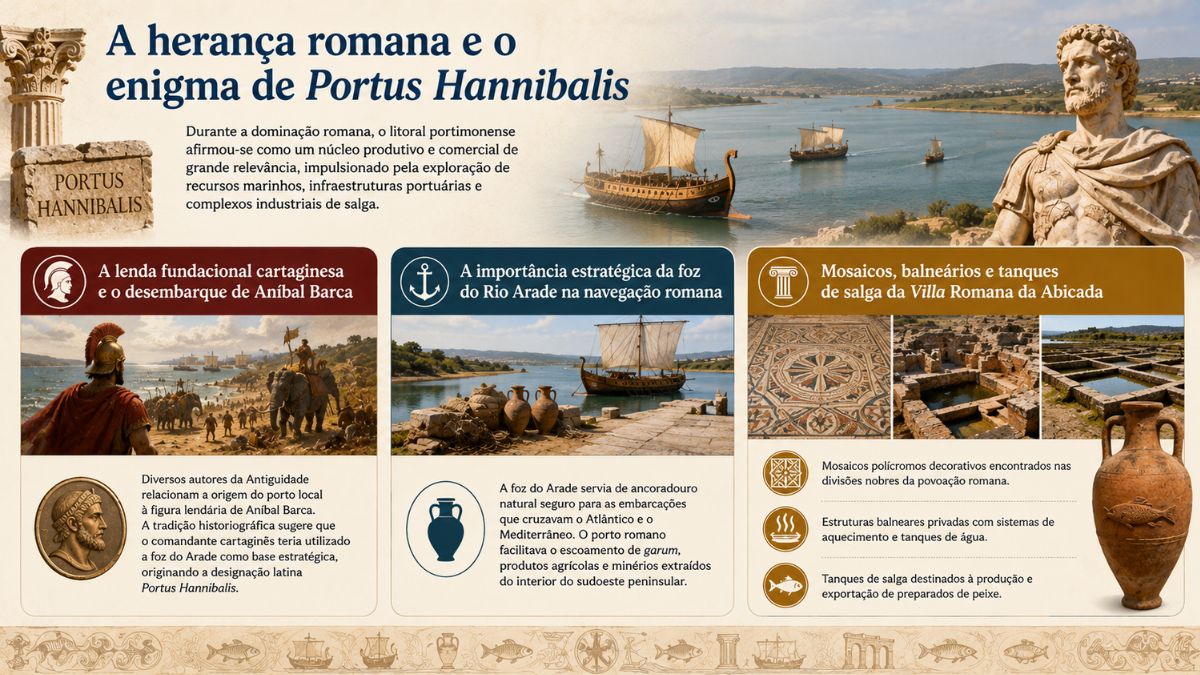 Infográfico histórico de Portimão sobre a presença romana, mostrando o desembarque de Aníbal Barca, a navegação no Rio Arade e a Villa Romana da Abicada.