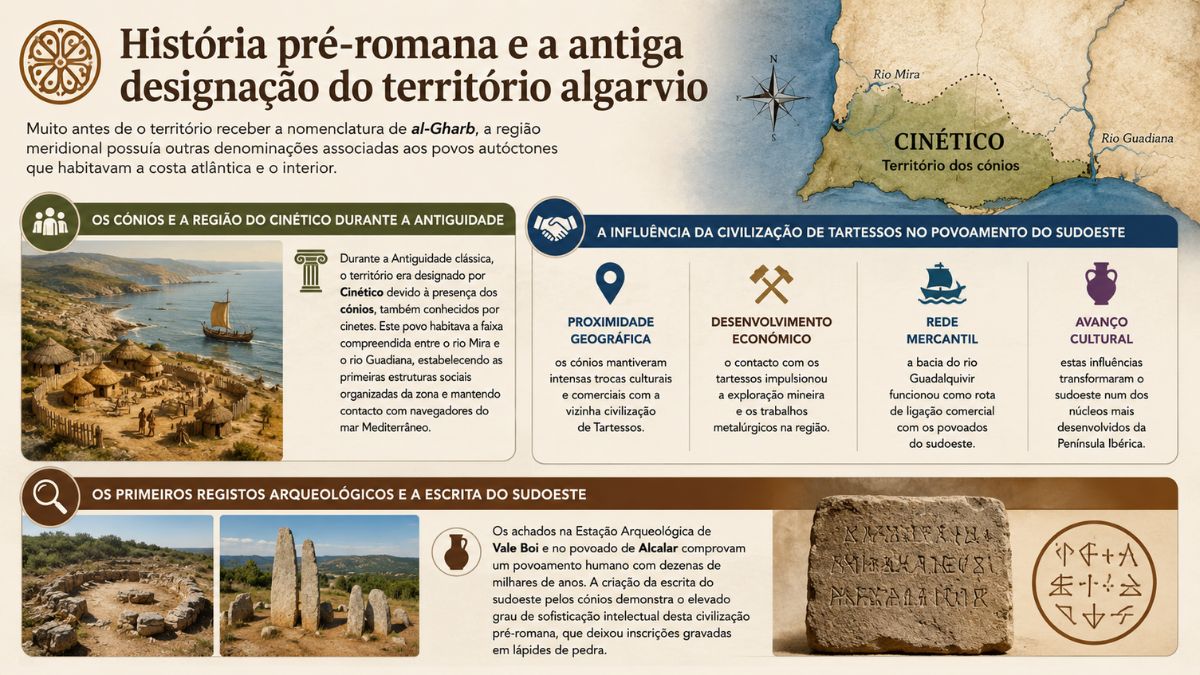Infografia sobre a história pré-romana do Algarve mostrando o mapa do território Cinético entre o rio Mira e o rio Guadiana e achados da escrita do sudoeste.