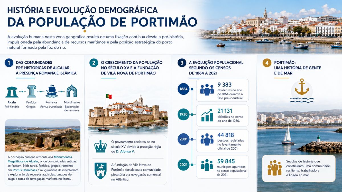 Infografia sobre a história e evolução demográfica da população de Portimão, apresentando desde as comunidades pré-históricas de Alcalar até aos censos populacionais modernos.
