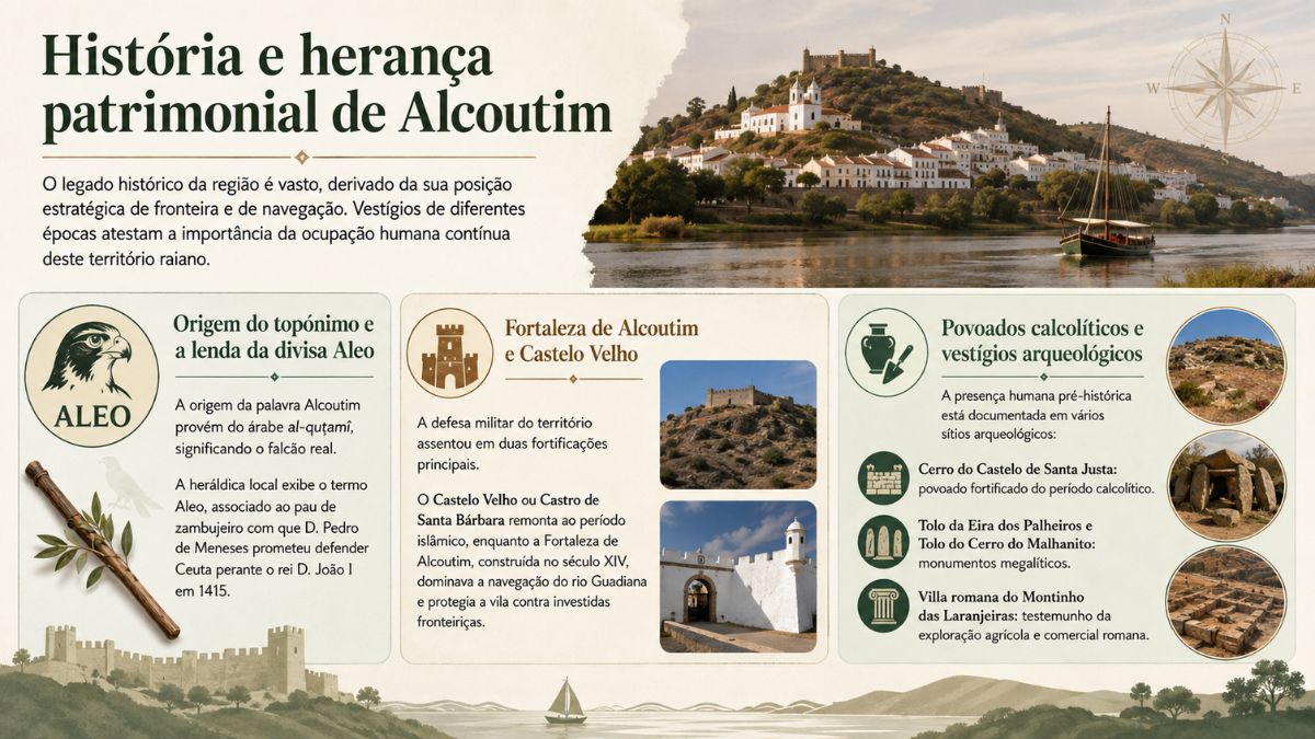 Infográfico sobre a história de Alcoutim abordando a origem do topónimo, a lenda da divisa Aleo, a Fortaleza, o Castelo Velho e povoados calcolíticos.