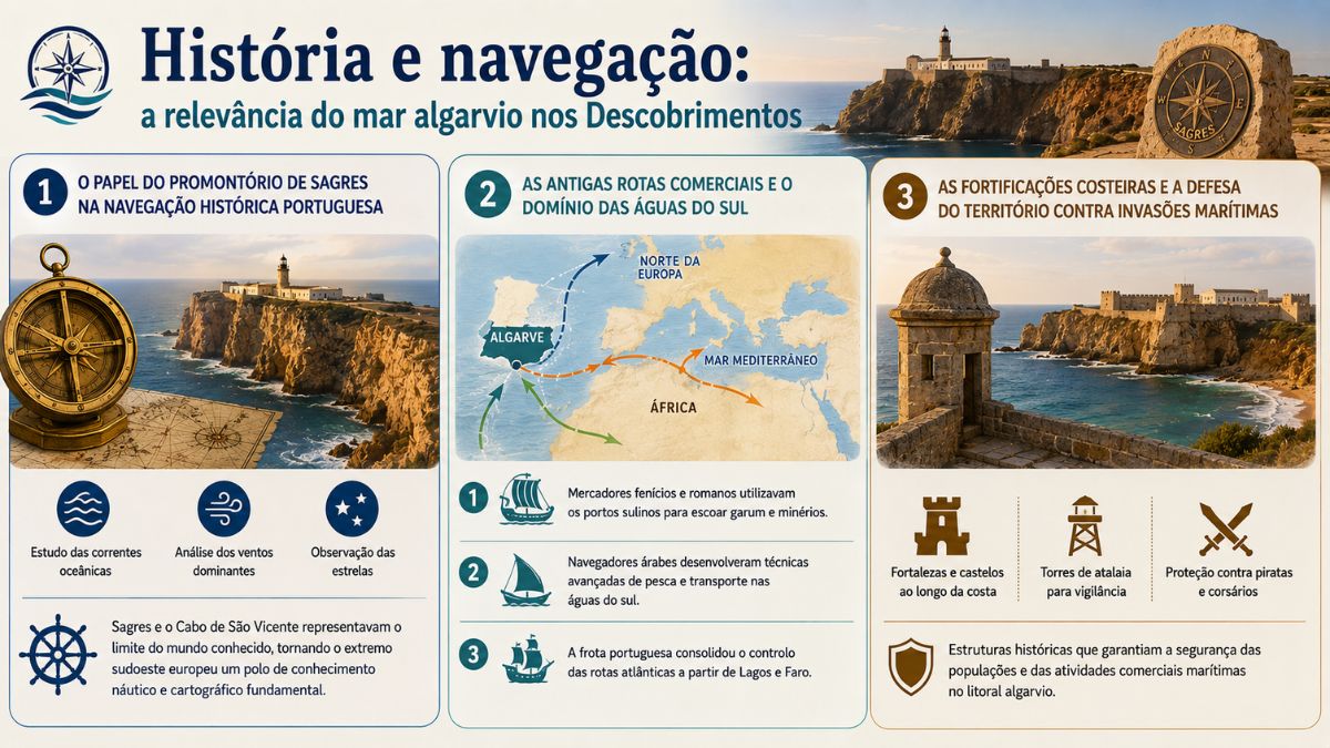 Infográfico histórico sobre a navegação no mar do Algarve, mostrando o Promontório de Sagres, rotas comerciais antigas e fortificações costeiras de defesa.