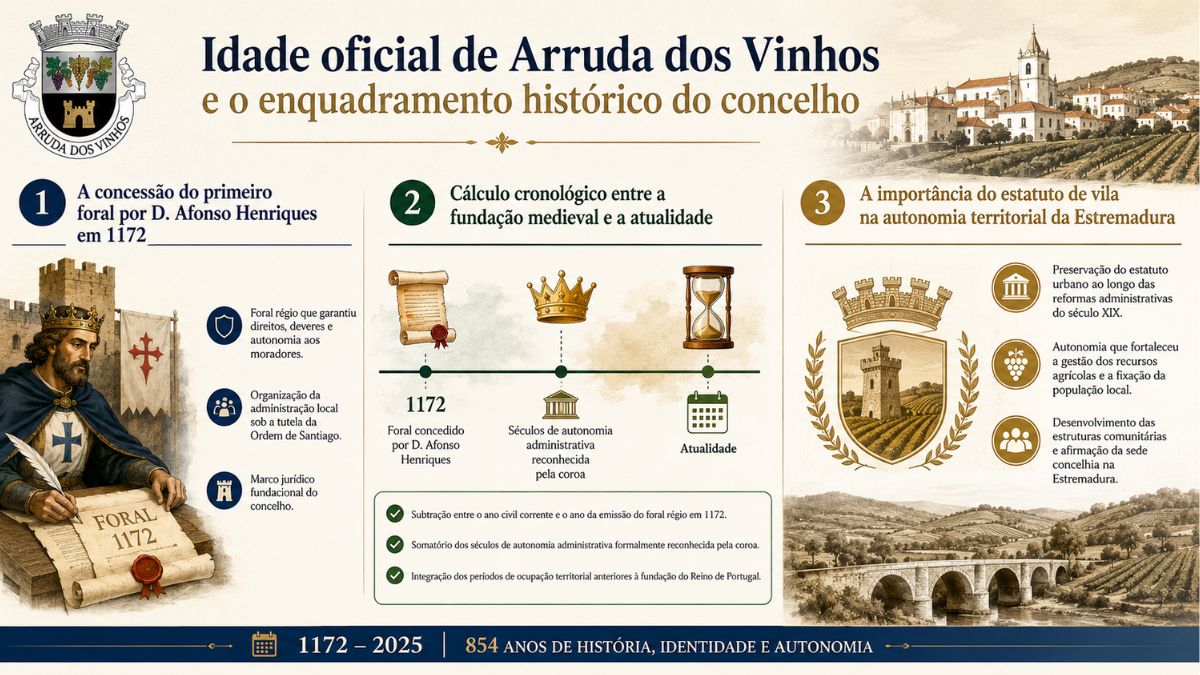 Infográfico explicativo sobre a idade oficial do município de Arruda dos Vinhos detalhando o foral de D Afonso Henriques em 1172, a linha do tempo com cálculo cronológico da fundação e a autonomia territorial da vila na Estremadura.