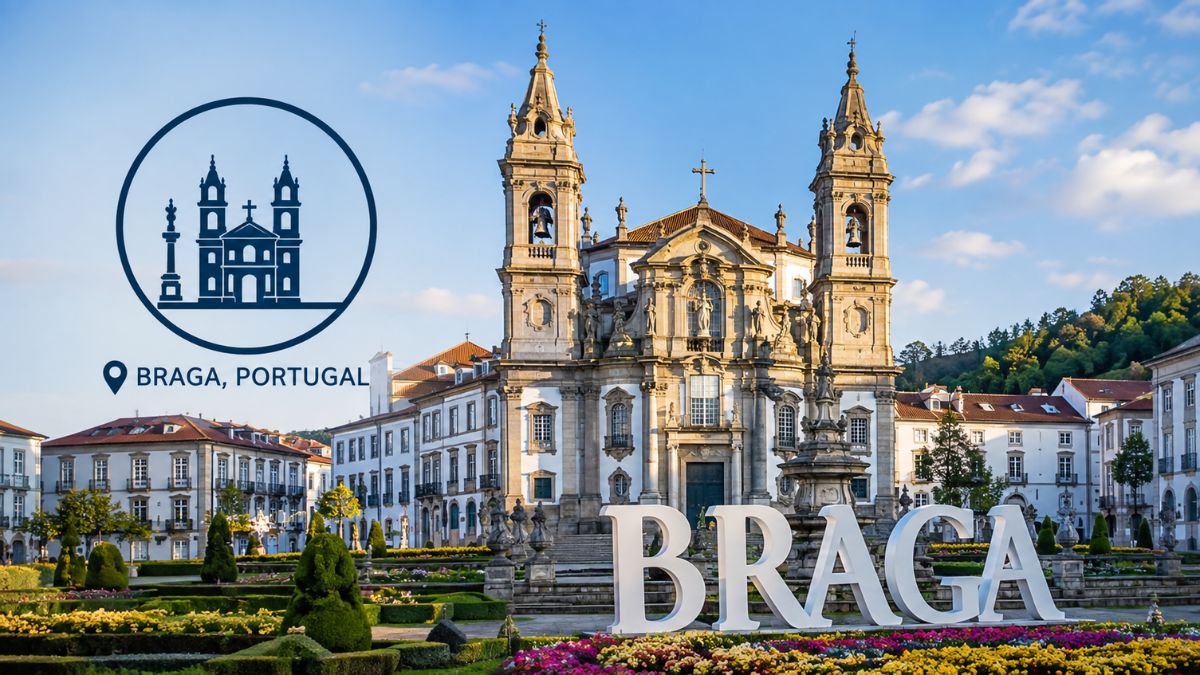 Fotografia da fachada barroca da Igreja do Pópulo e jardins floridos na Praça do Município em Braga, Portugal, com sobreposição gráfica de ícone de igreja e texto de localização.