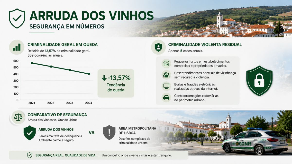 Infográfico informativo sobre os dados de criminalidade em Arruda dos Vinhos mostrando a queda de 13,57% na taxa geral, os números da criminalidade violenta residual e o comparativo de segurança com a Área Metropolitana de Lisboa.