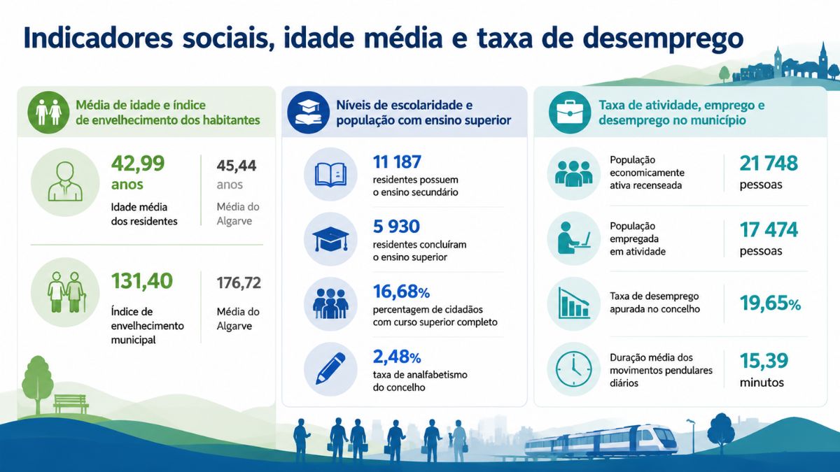 Infográfico detalhado com indicadores sociais, níveis de escolaridade e taxa de desemprego dos habitantes do município de Albufeira.