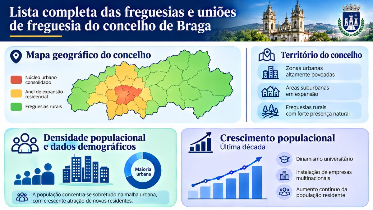 Infográfico com o mapeamento geográfico das freguesias de Braga destacando zonas urbanas, anel de expansão residencial e áreas rurais do concelho.