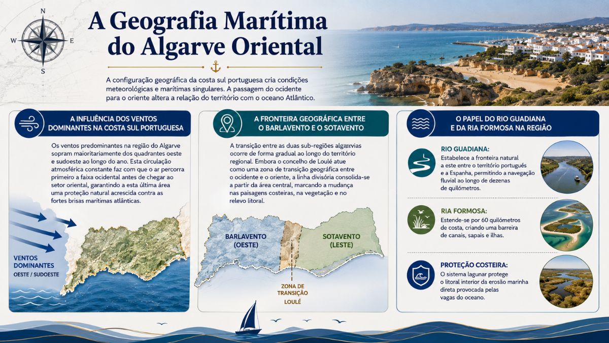 Infográfico sobre a geografia marítima do Algarve oriental com mapas das sub-regiões, direção dos ventos e imagens da Ria Formosa e do Rio Guadiana.