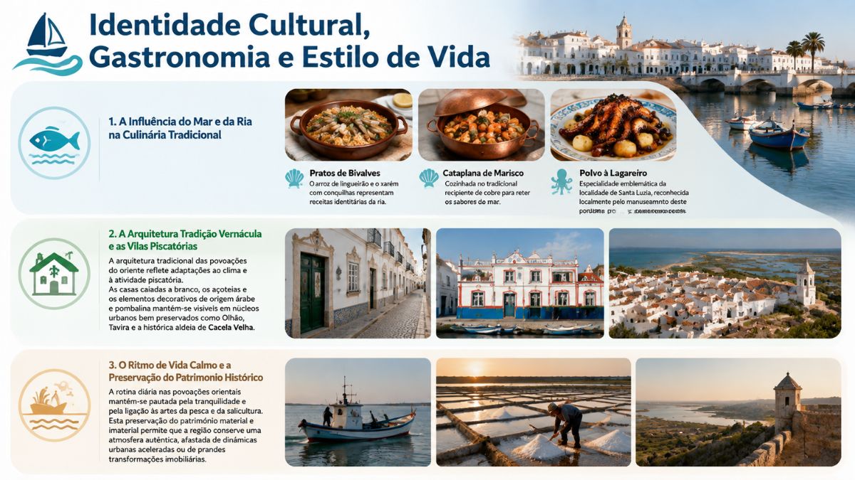Infográfico sobre a identidade cultural do Sotavento Algarvio com pratos de marisco, arquitetura tradicional de Tavira e Olhão e salinas artesanais.