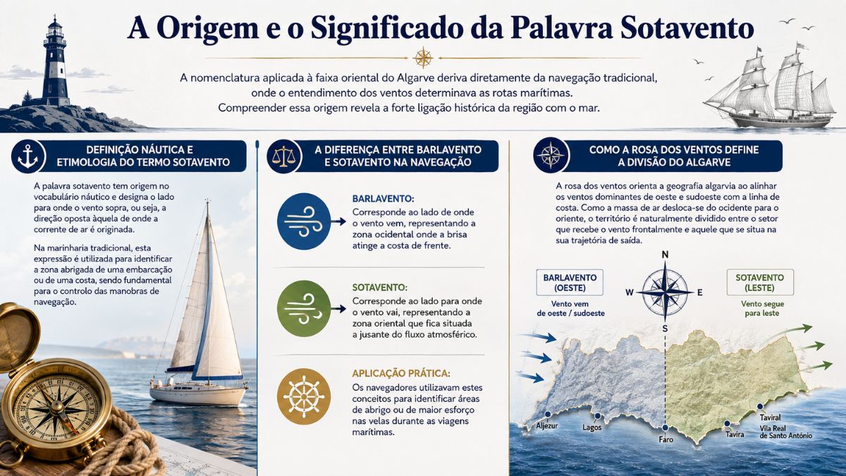 Infográfico sobre a origem e o significado da palavra sotavento com mapa do Algarve, rosa dos ventos e embarcações marítimas.