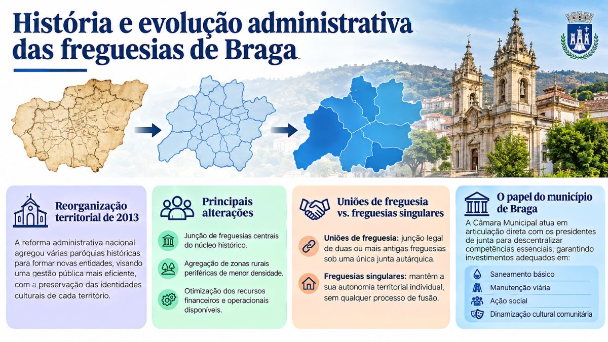 Infográfico detalhando a história e a evolução administrativa das freguesias de Braga com mapas e dados sobre a reorganização territorial.