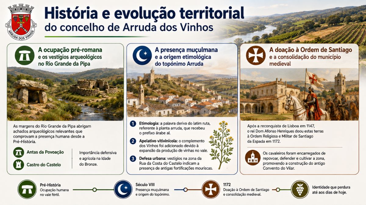 Infográfico histórico sobre a evolução territorial do concelho de Arruda dos Vinhos desde a ocupação pré-romana até à Ordem de Santiago.