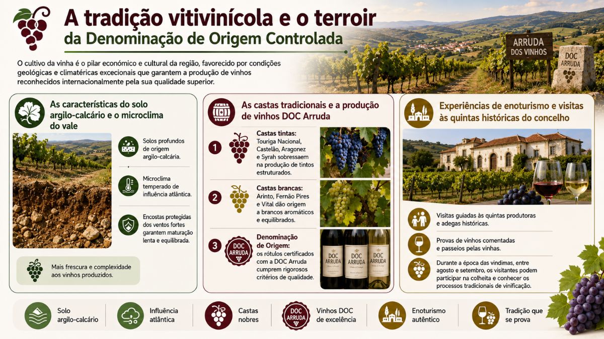 Infográfico explicativo sobre a tradição vitivinícola de Arruda dos Vinhos destacando o solo argilo-calcário, as castas e o enoturismo.