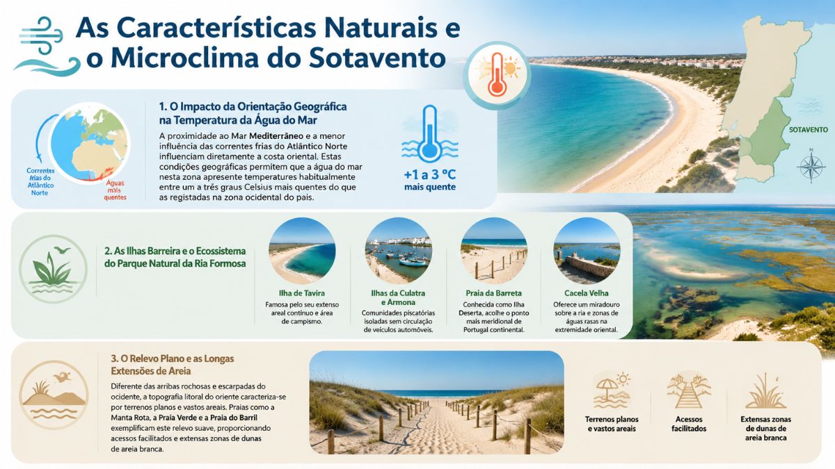 Infográfico sobre as características naturais e o microclima do Sotavento Algarvio com mapa de Portugal, ilhas barreira da Ria Formosa e praias de areia branca.