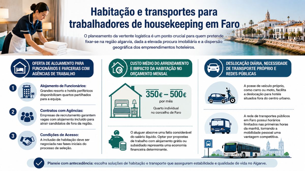 Infográfico sobre habitação e transportes para trabalhadores de housekeeping em Faro, explicando soluções de alojamento para funcionários, custos de arrendamento entre 350€ e 500€ e opções de deslocação diária no Algarve.