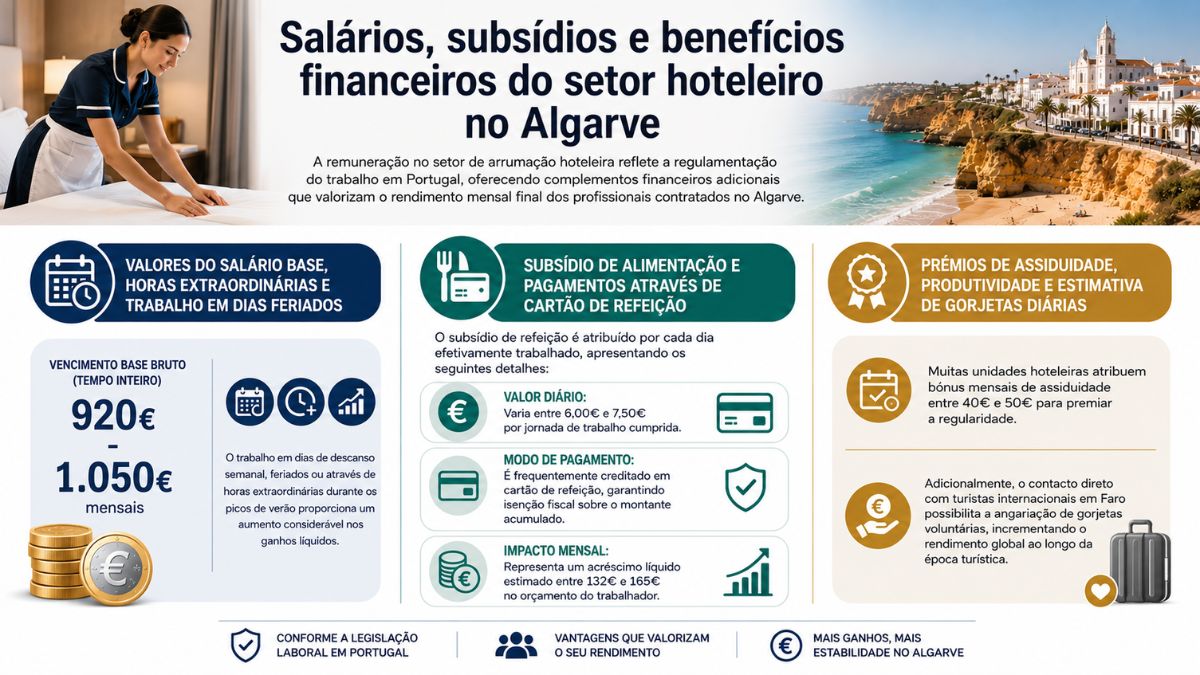 Infográfico sobre salários, subsídios e benefícios para empregada de andares no Algarve, detalhando vencimento base entre 920€ e 1.050€, subsídio de alimentação, prémios de assiduidade e gorjetas.