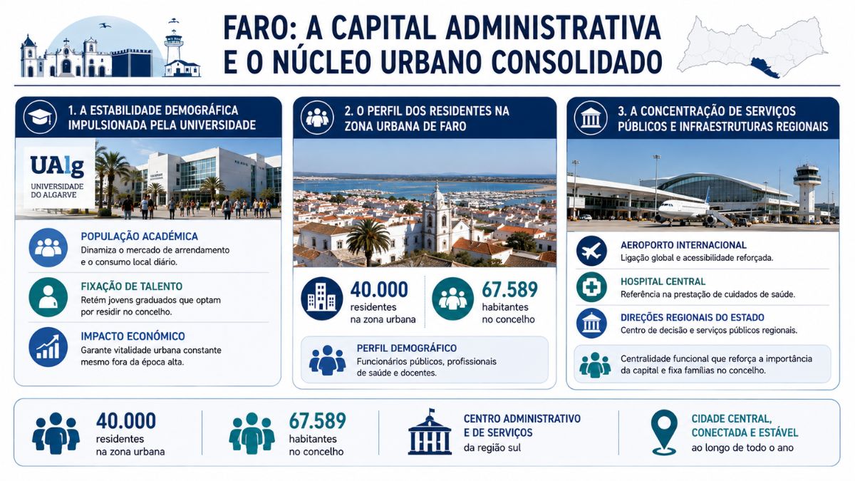 Um infográfico detalhado que analisa Faro como a capital administrativa e o núcleo urbano consolidado do Algarve. O gráfico está dividido em três secções principais. A primeira aborda a estabilidade demográfica impulsionada pela Universidade do Algarve (UAlg), com foco na população académica, fixação de talento e impacto económico. A segunda secção detalha o perfil dos residentes na zona urbana, mostrando dados de 40 mil residentes na cidade e 67 mil e 589 no concelho, com perfil demográfico de funcionários públicos, profissionais de saúde e docentes. A terceira secção destaca a concentração de serviços públicos e infraestruturas regionais, incluindo o Aeroporto Internacional, Hospital Central e Direções Regionais do Estado. Na parte inferior, ícones resumem os dados populacionais e definem Faro como centro administrativo e de serviços da região sul e uma cidade central, conectada e estável ao longo de todo o ano.
