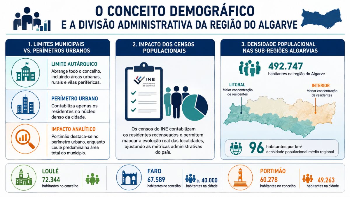 Um infográfico detalhado que explica o conceito demográfico e a divisão administrativa da região do Algarve. Apresenta dados sobre limites municipais versus perímetros urbanos e o impacto dos censos populacionais do INE. Inclui estatísticas para Loulé, Faro e Portimão comparando população do concelho e da cidade. Mostra o mapa regional com a densidade populacional no litoral e interior e indica 492 mil e 747 habitantes no Algarve.