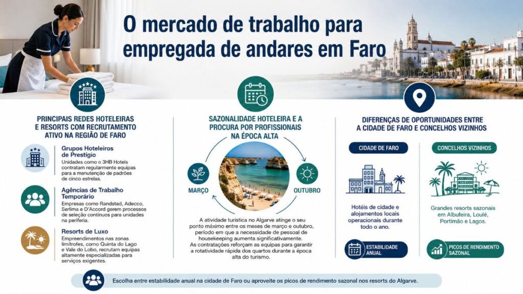 Infográfico explicativo sobre o mercado de trabalho para empregada de andares em Faro, detalhando redes hoteleiras, recrutamento em resorts, sazonalidade entre março e outubro e diferenças de oportunidades no Algarve.