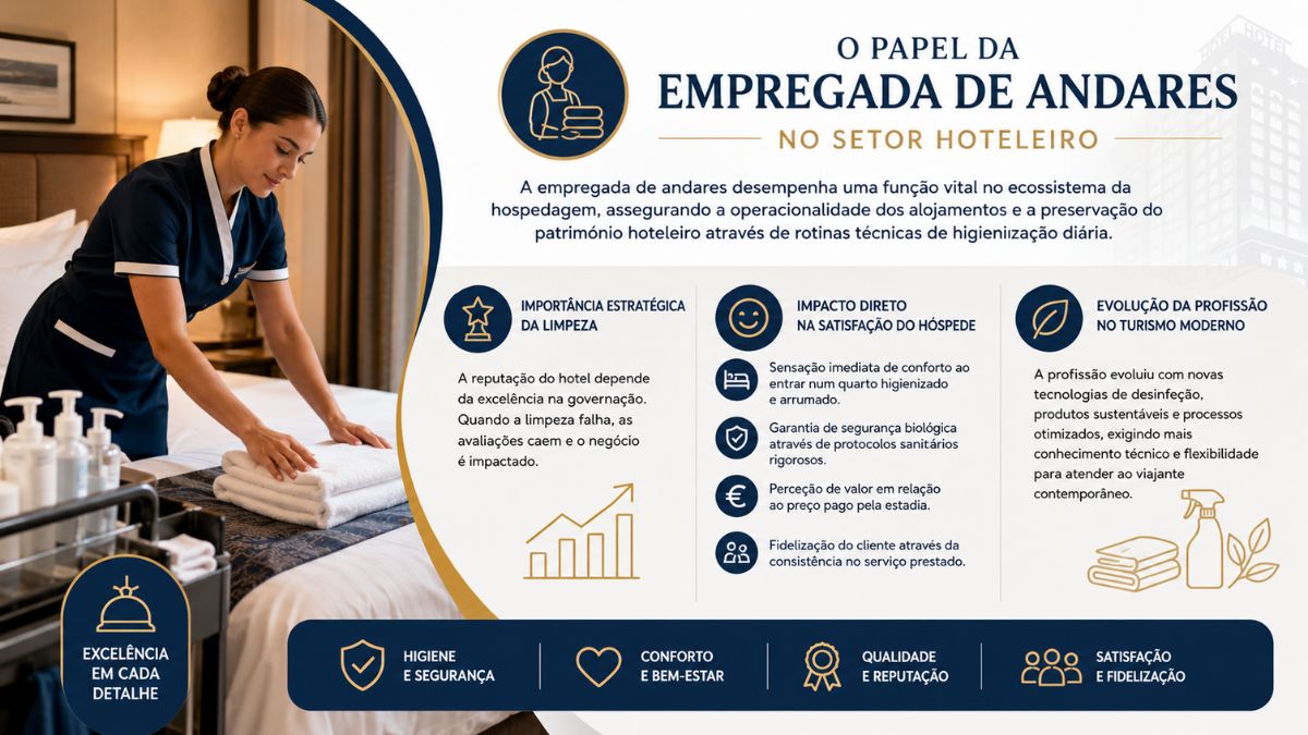 Infográfico explicativo sobre o papel da empregada de andares no setor hoteleiro, detalhando a importância estratégica da limpeza, a satisfação dos hóspedes, a evolução do housekeeping e a excelência no serviço hoteleiro.