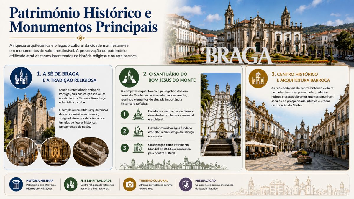 Infográfico sobre o património histórico de Braga, destacando a Sé de Braga, o Santuário do Bom Jesus do Monte e o centro histórico barroco em Portugal.