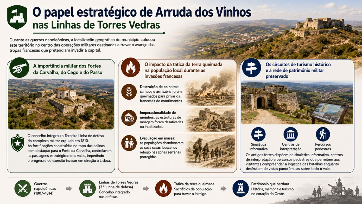 Infográfico sobre a importância militar de Arruda dos Vinhos nas Linhas de Torres Vedras destacando o Forte da Carvalha e a tática da terra queimada.