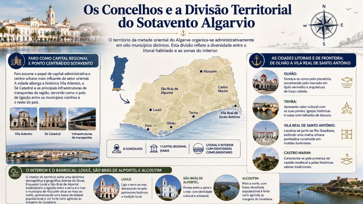 Infográfico sobre a divisão territorial do Sotavento Algarvio com mapa dos oito municípios, cidades costeiras e destaques de Faro.