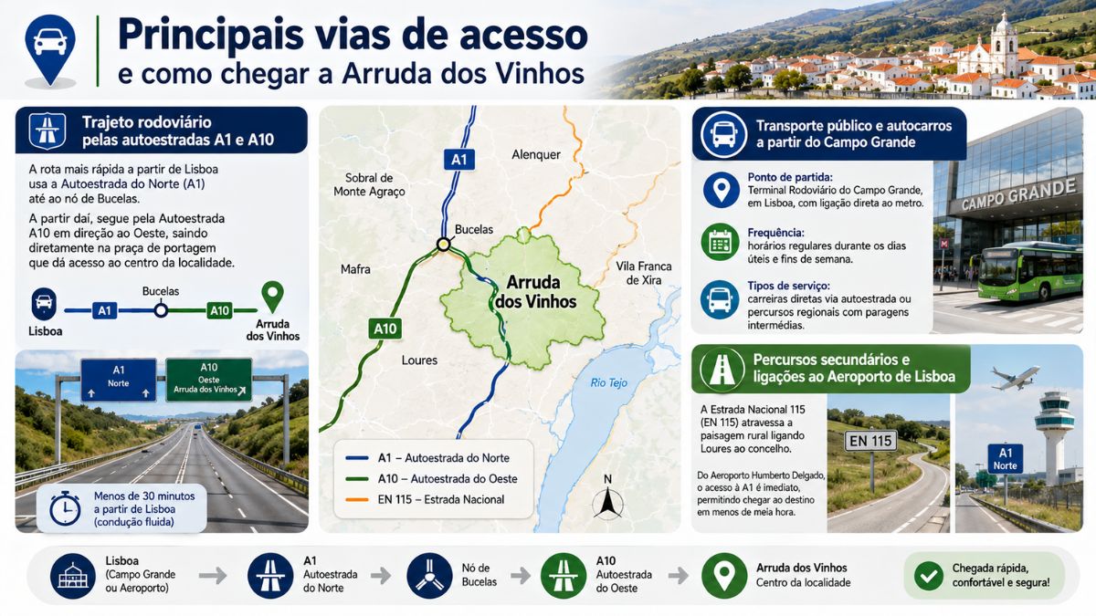 Infográfico detalhado com as rotas de acesso a Arruda dos Vinhos pelas autoestradas A1 e A10, autocarros do Campo Grande e Estrada Nacional 115.