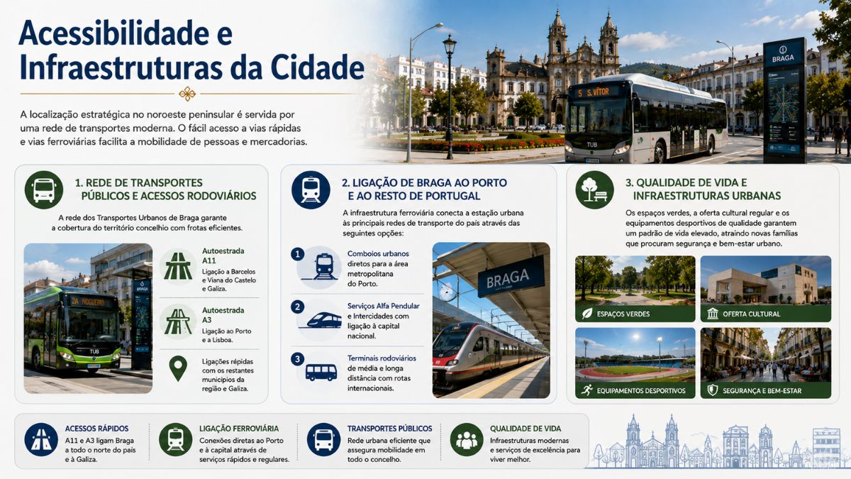 Infográfico detalhado sobre a acessibilidade e infraestruturas em Braga, apresentando a rede de autocarros urbanos, ligações ferroviárias, acessos rodoviários por autoestrada e qualidade de vida na região.