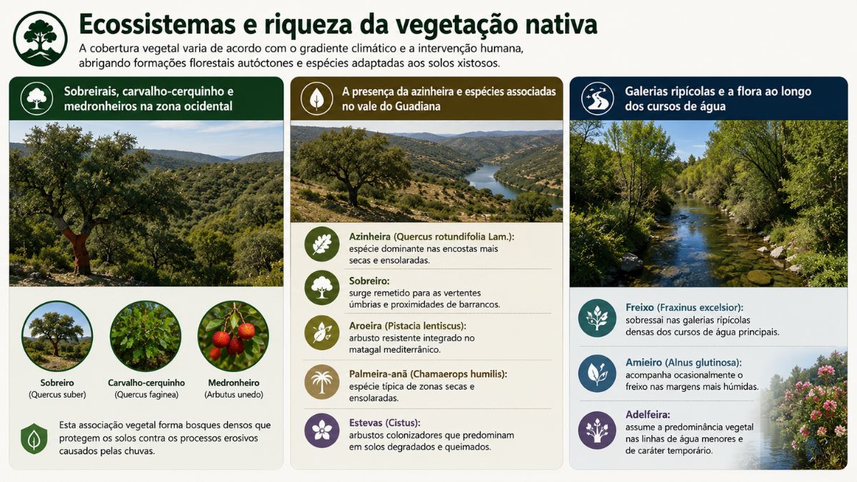 Infográfico explicativo sobre a vegetação nativa da Serra do Caldeirão, apresentando sobreirais, carvalho-cerquinho e medronheiros na zona ocidental, azinheiras no vale do Guadiana e galerias ripícolas com freixos e amieiros.